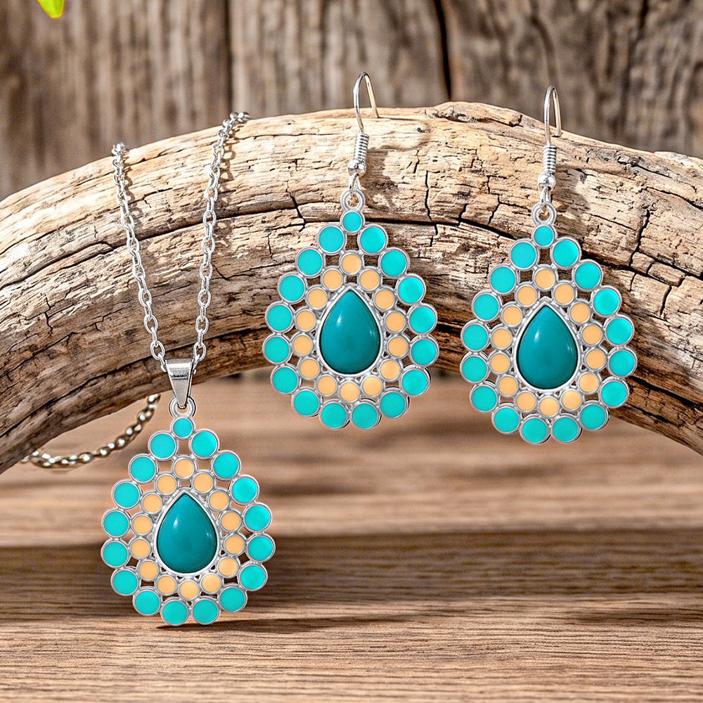 Wholesale Retro Bohemian Geometric Water Drop Necklace and Earrings Set,  Zinc Alloy Party Wear Jewelry