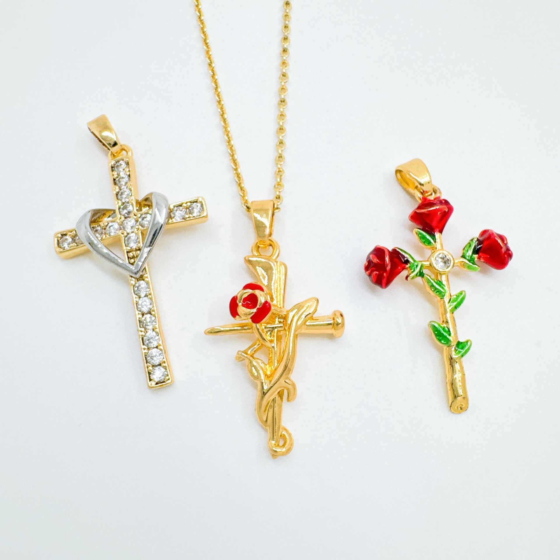 Wholesale Sweet Cool Style Rose Cross Pendant Gold Plated Copper Necklace Stylish Jewelry Accessory