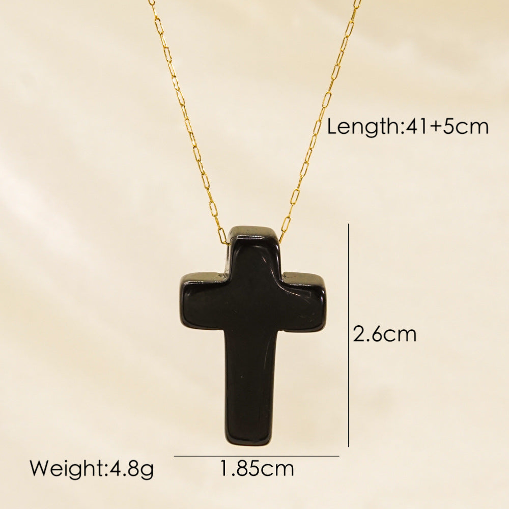 Wholesale Stainless Steel Luxury Style Cross Natural Stone Pendant Necklace