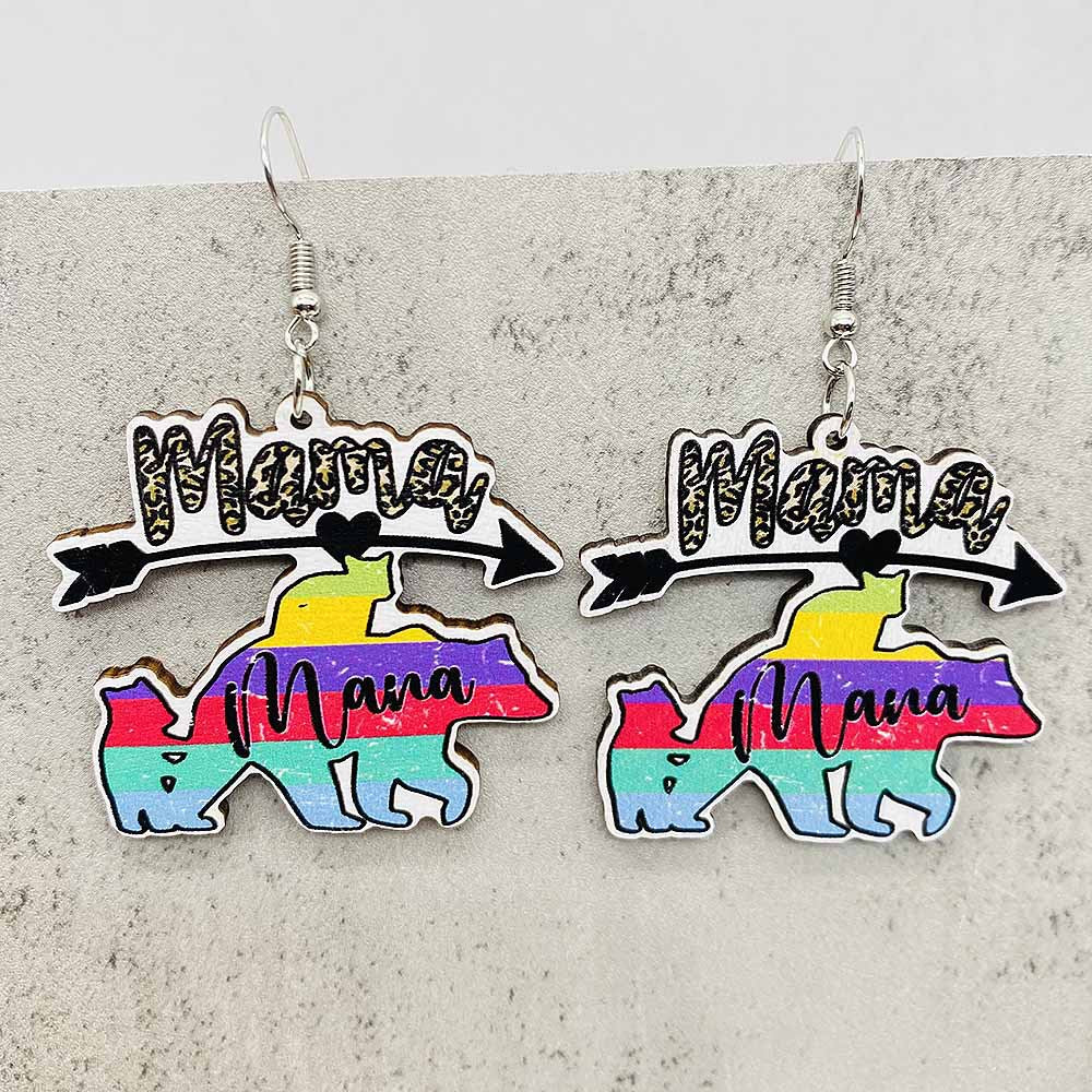 Wholesale Mother's Day Earrings Letter MOMO Bear Wooden Earrings ACC-ES-Cheny013