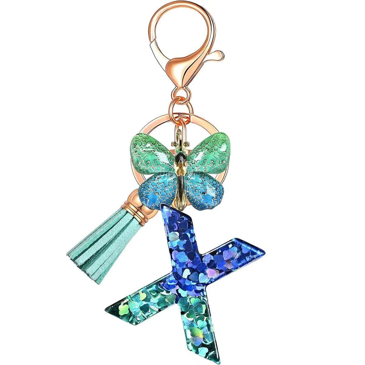 Wholesale Resin Alphabet Keychain With Butterfly Tassel Blue Gradient Vacation Style Fashion Accessory For Bags And Keys