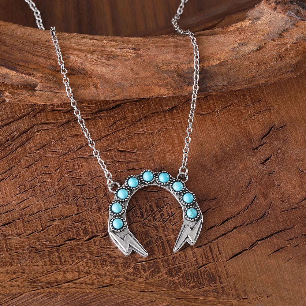 Wholesale Bohemian Style Turquoise Lightning Inlay Necklace Retro Zinc Alloy Electroplated Jewelry Accessory Boutique Resale