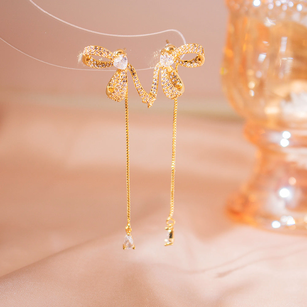Wholesale Zirconia Bow Tassel Earrings