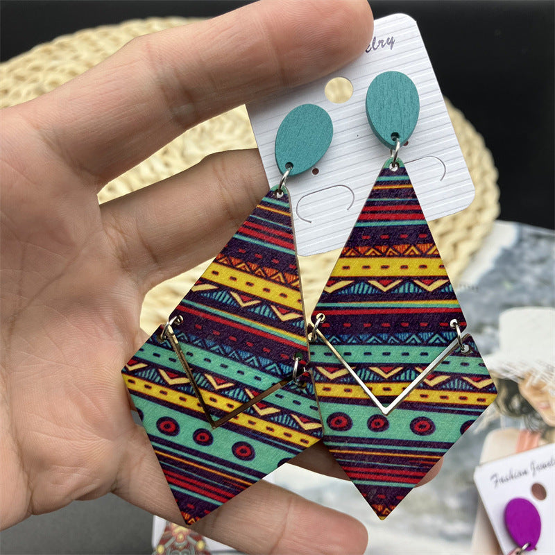 Wholesale Bohemian Rhombus Wooden Beach Earrings ACC-ES-FX006
