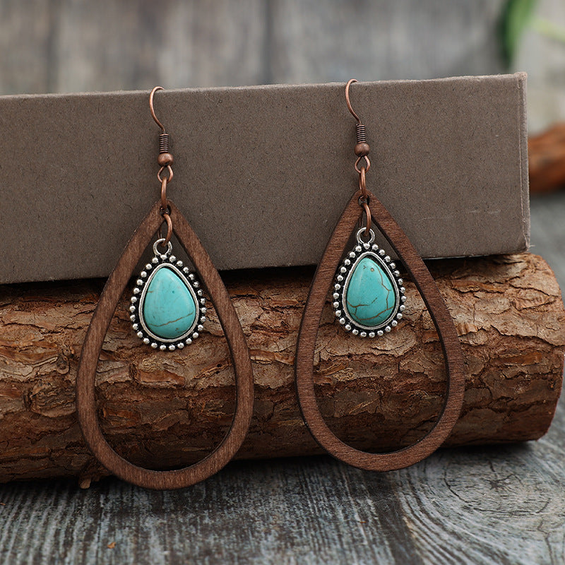 Wholesale  Western Style New Drop-Shaped Hollow ing Turquoise Retro Style Wooden Earrings