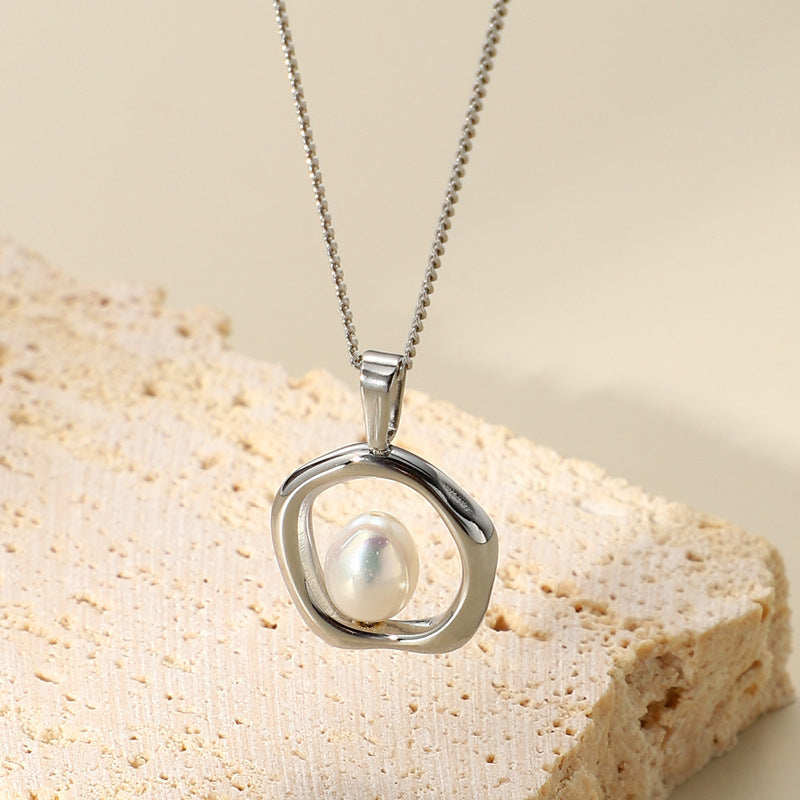 Wholesale Irregular Ring Pearl Pendant Titanium Steel Necklace