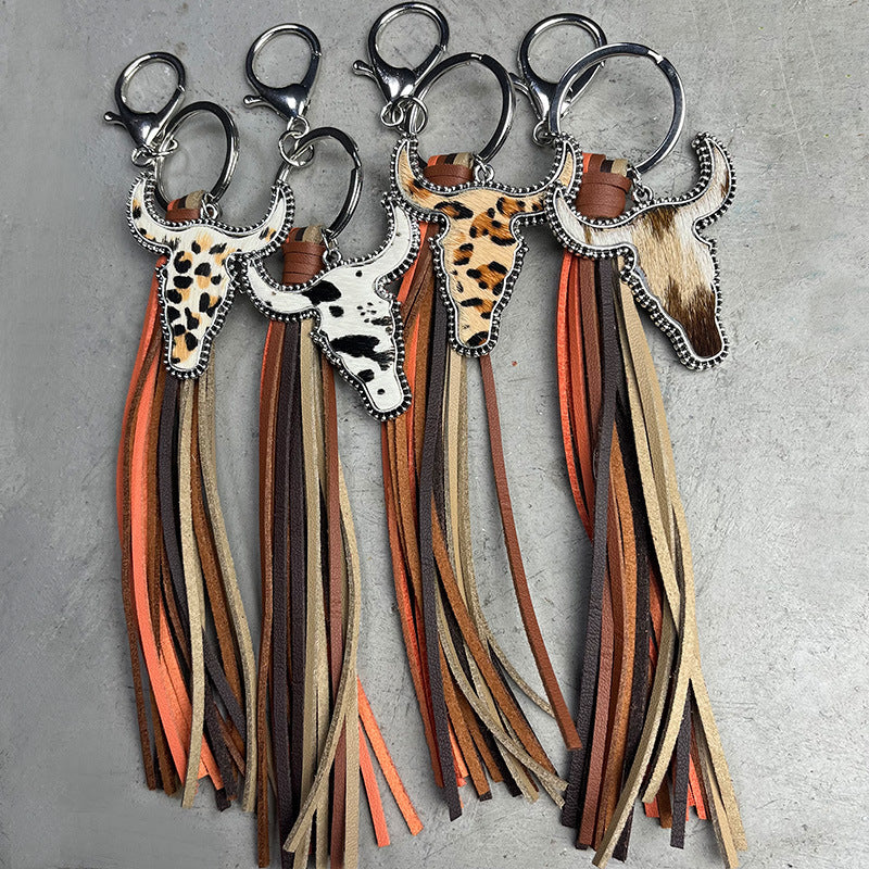 Wholesale of 2pcs/pack Western Style Leopard Print Cow Print Cowhead Tassel Genuine Leather Keychain ACC-KC-HY001