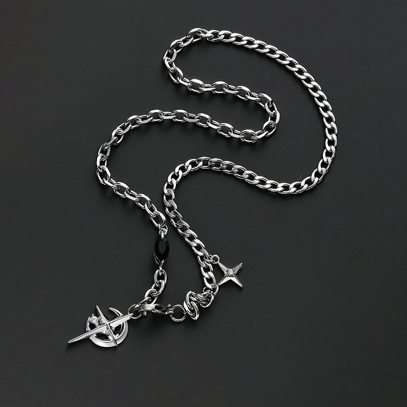 Wholesale Titanium Steel Black Gem Stitching Cross Mang Star Necklace