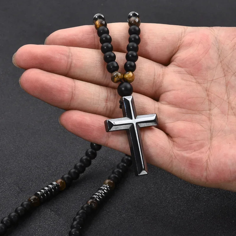 Wholesale Fashion Men's Black Obsidian Frosted Tiger Eye Stone Red Iron Mineral Ten Crosses Necklace