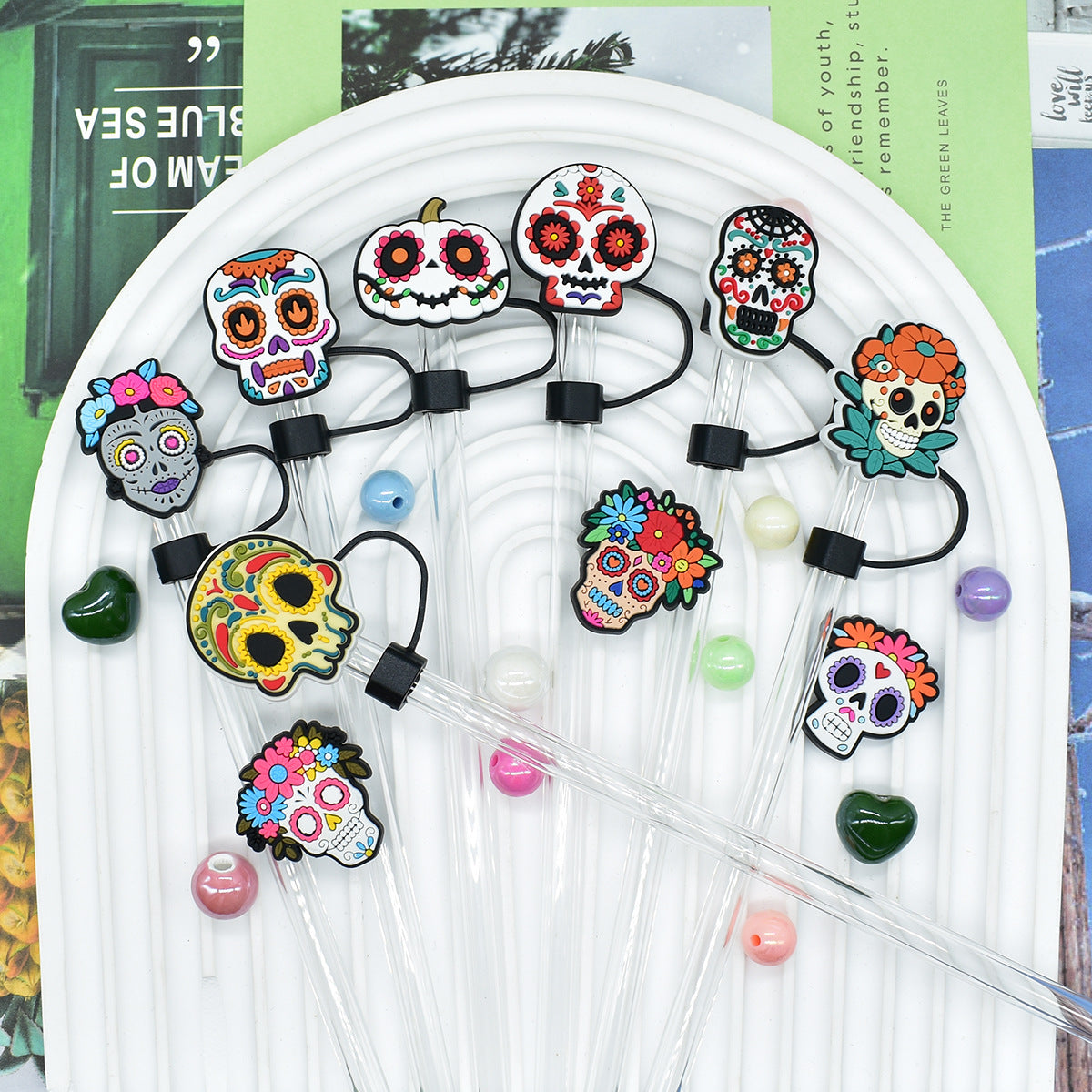 Wholesale Random 100pcs Day of the Dead Skull 10mm PVC Soft Straw Tube Cap ACC-SCR-RYY099