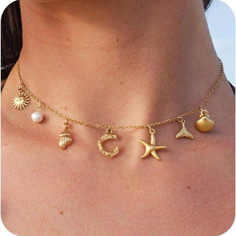 Wholesale Marine Starfish Shell Conch Letter Pendant Necklace - Summer Beach Jewelry Accessory for Boutique Resale