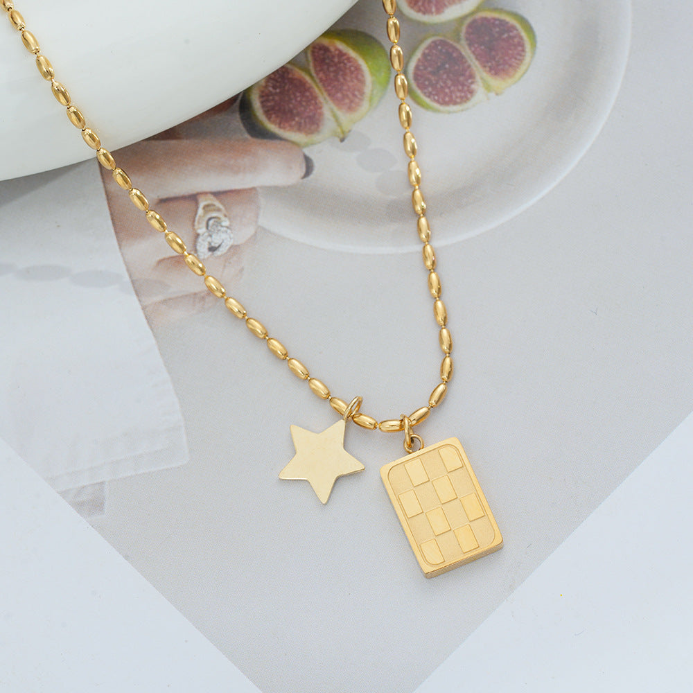 Wholesale Titanium Steel Necklace with Gold-Plated Square Checkerboard Pendant,  Summer Style Jewelry Accessory for Boutique Resale
