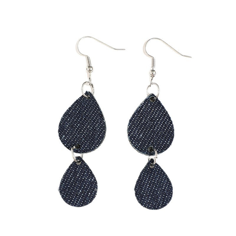 Wholesale Retro Teardrop Double-Layer Denim Print Leather Earrings Fashion Accessory Gift for Women