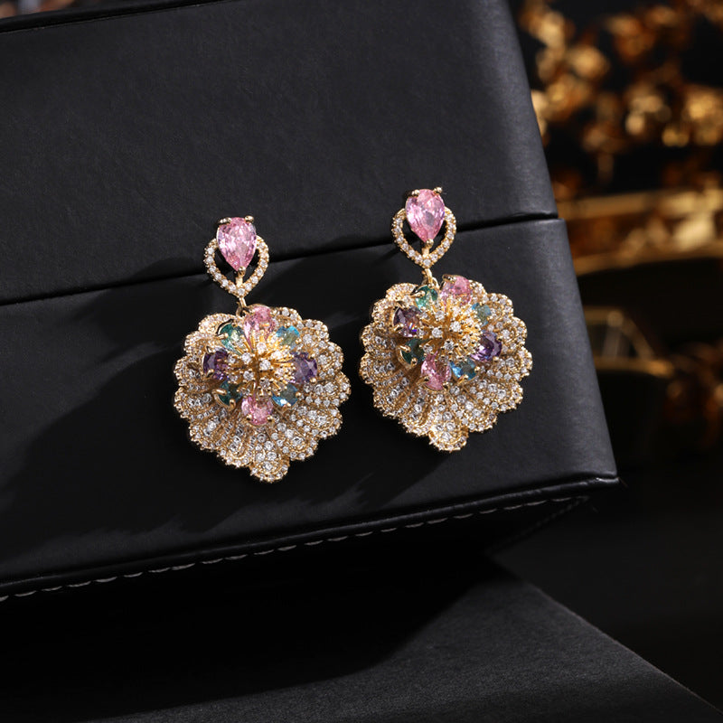 Wholesale 925 silver thick real gold plating micro inlaid zircon Diamond Flowe earrings