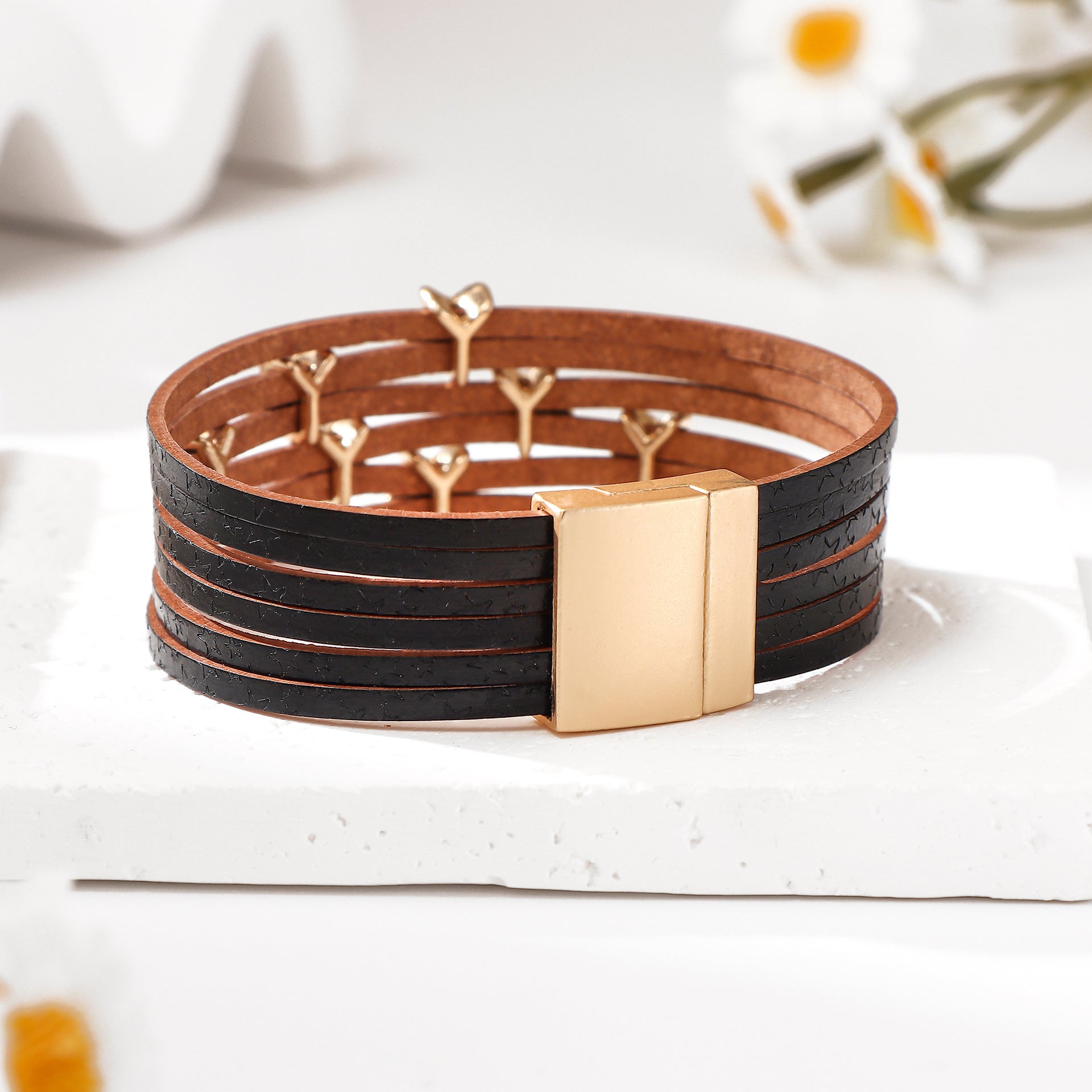 Wholesale Gold Leather Star Multi Layer Bracelet Magnetic Clasp Women S Vacation Style Chic Jewelry Gift