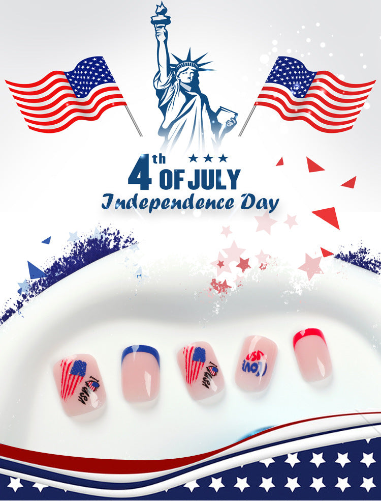Wholesale 24 Pieces/box American Independence Day Short Shiny Wearing Nail Press-on Nails Kits ACC-NS-LeFan005