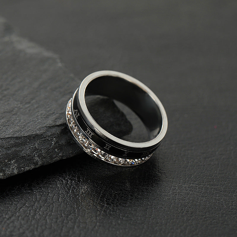 Wholesale Gypsophila Diamond Rotatable Roman Numeral Stainless Steel Ring ACC-RS-ZhongQi010