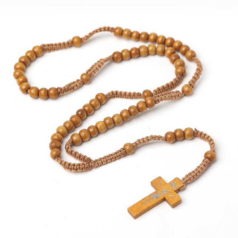Wholesale Natural Wood Beads Cross Rosary Prayer Necklace Handwoven ACC-NE-Chengz001