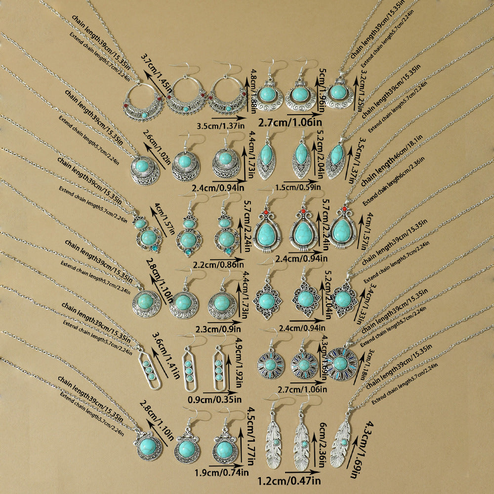 Wholesale Bohemian Turquoise Hollow Geometric Earrings and Necklace Set Fashion Accessory Gift