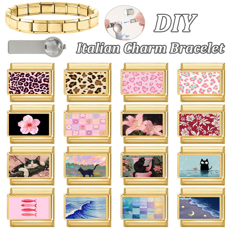 Wholesale Gold Plated Stainless Steel DIY Cat Leopard Flower Bracelet Charms Jewelry Making Accessories