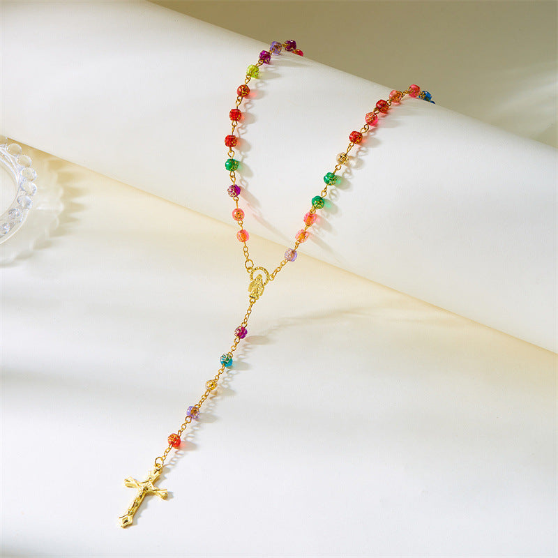Wholesale Petal-shaped Colored Beads Madonna Cross Necklace Long Chain