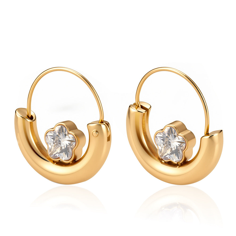 Wholesale Gold Plated Stainless Steel Artificial Zircon Geometric Round Flower Basket Earrings - Trendy Fashion Accessory