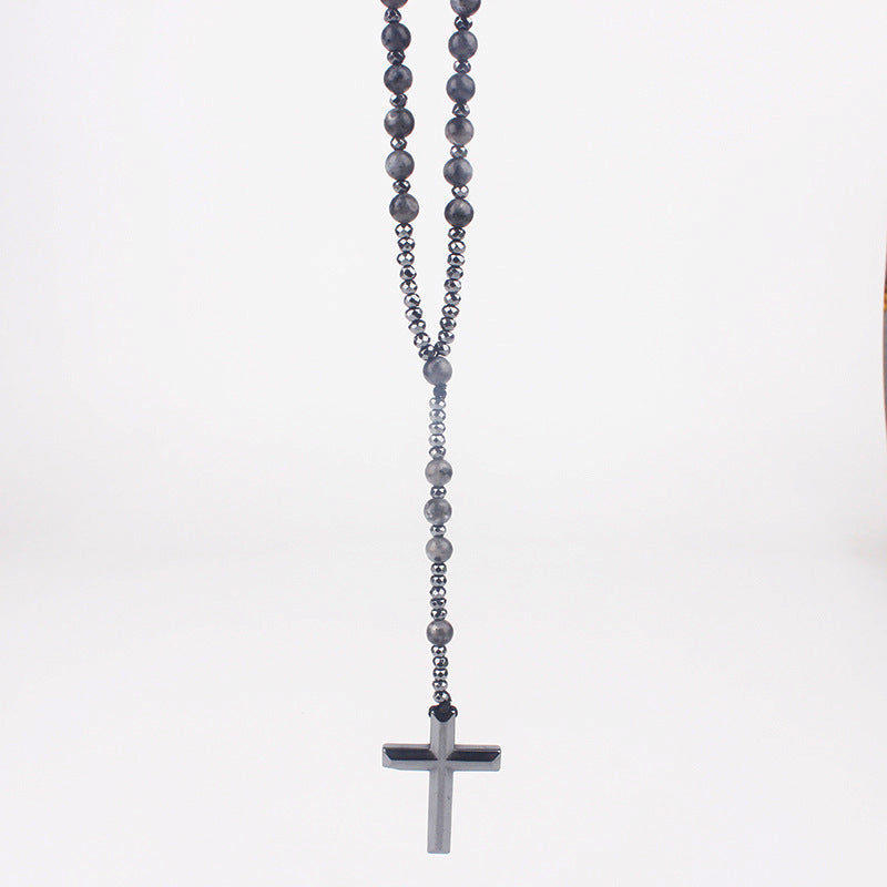 Wholesale Religious Gallstone Cross Pendant Natural Black Glitter Obsidian Lapis Necklace