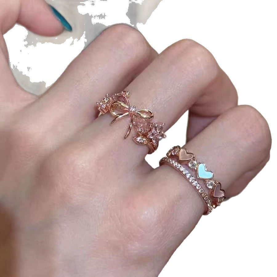Wholesale Gold Heart Bow Ring For Women Alloy Plated Sweet Chic Casual Jewelry Gift