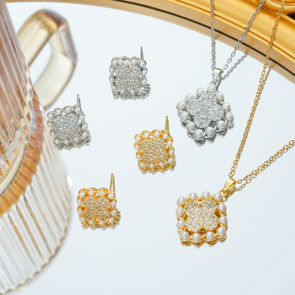 Wholesale Geometric Four-Leaf Clover Earring and Necklace Set - Fashion Jewelry Accessory Gift for Women