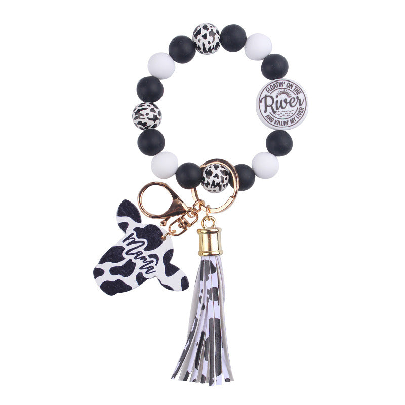 Wholesale Western Style Cow Pattern MOM Tassel Wrist Keychain Mother's Day ACC-KC-GuangTian054