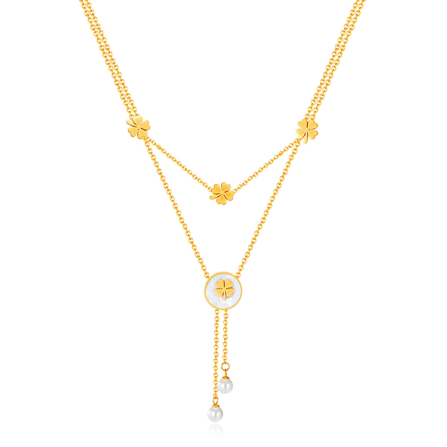 Wholesale Titanium Steel Double Layer Stacked Flower Tassel Zircon Jewelry Necklaces