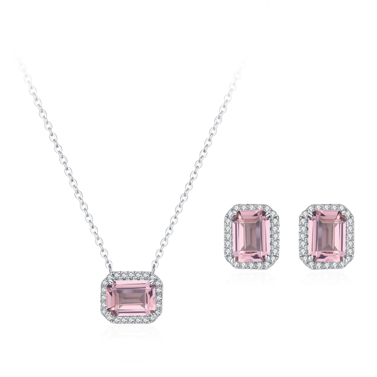Wholesale S925 Sterling Silver Romantic Pink Small Square Sugar Earrings Necklaces