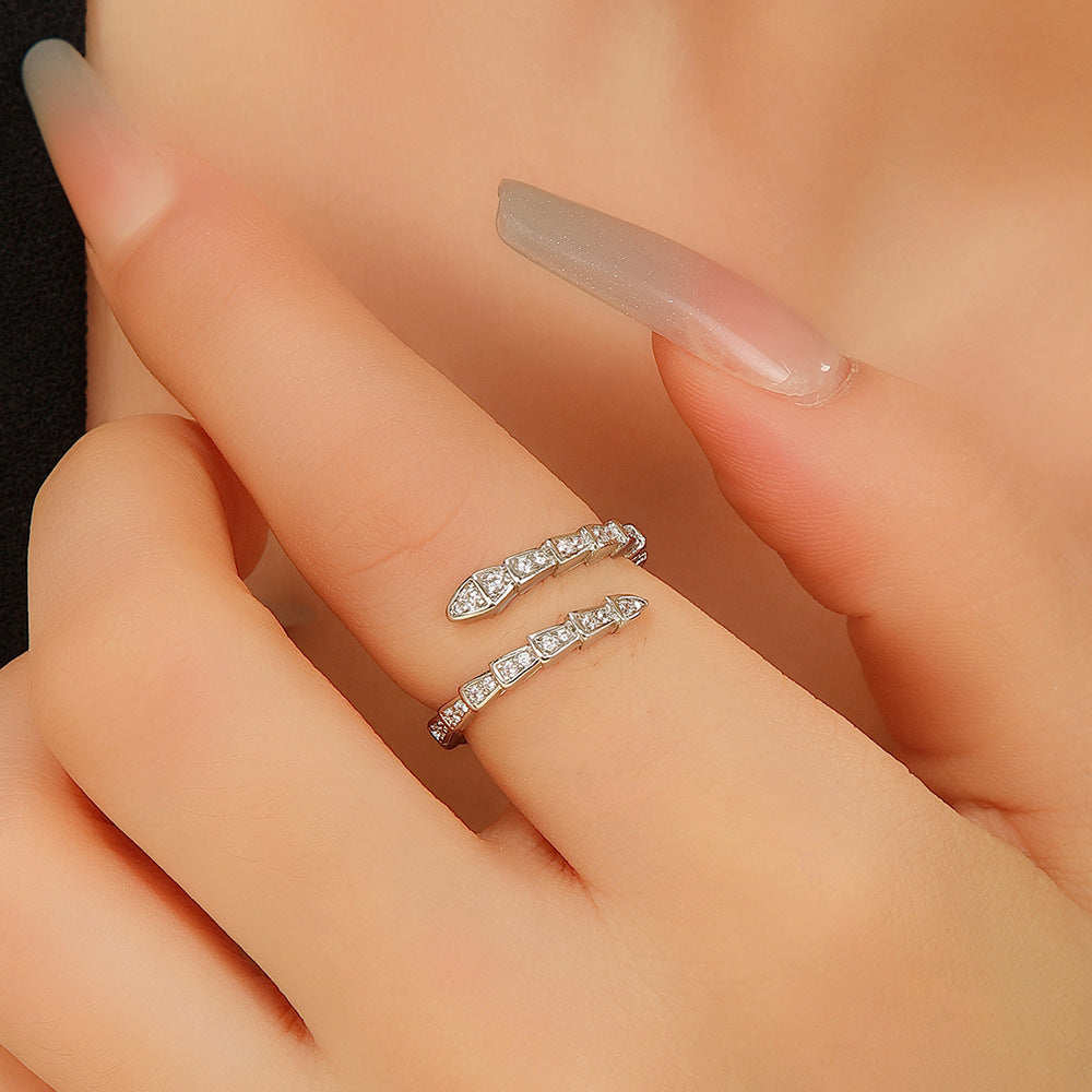 Wholesale Snake Design Zircon Ring Adjustable Open Style Silver Tone Fashion Jewelry Accessory Everyday Wear Gift