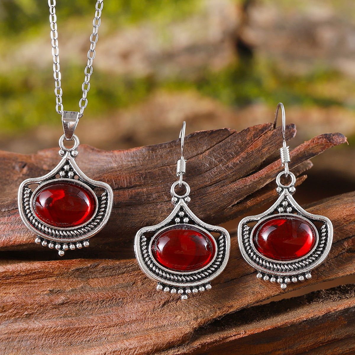 Wholesale Zinc Alloy Geometric Oval Gemstone Drop Earrings And Necklace Set Fashion Jewelry Accessory For Boutique Resale