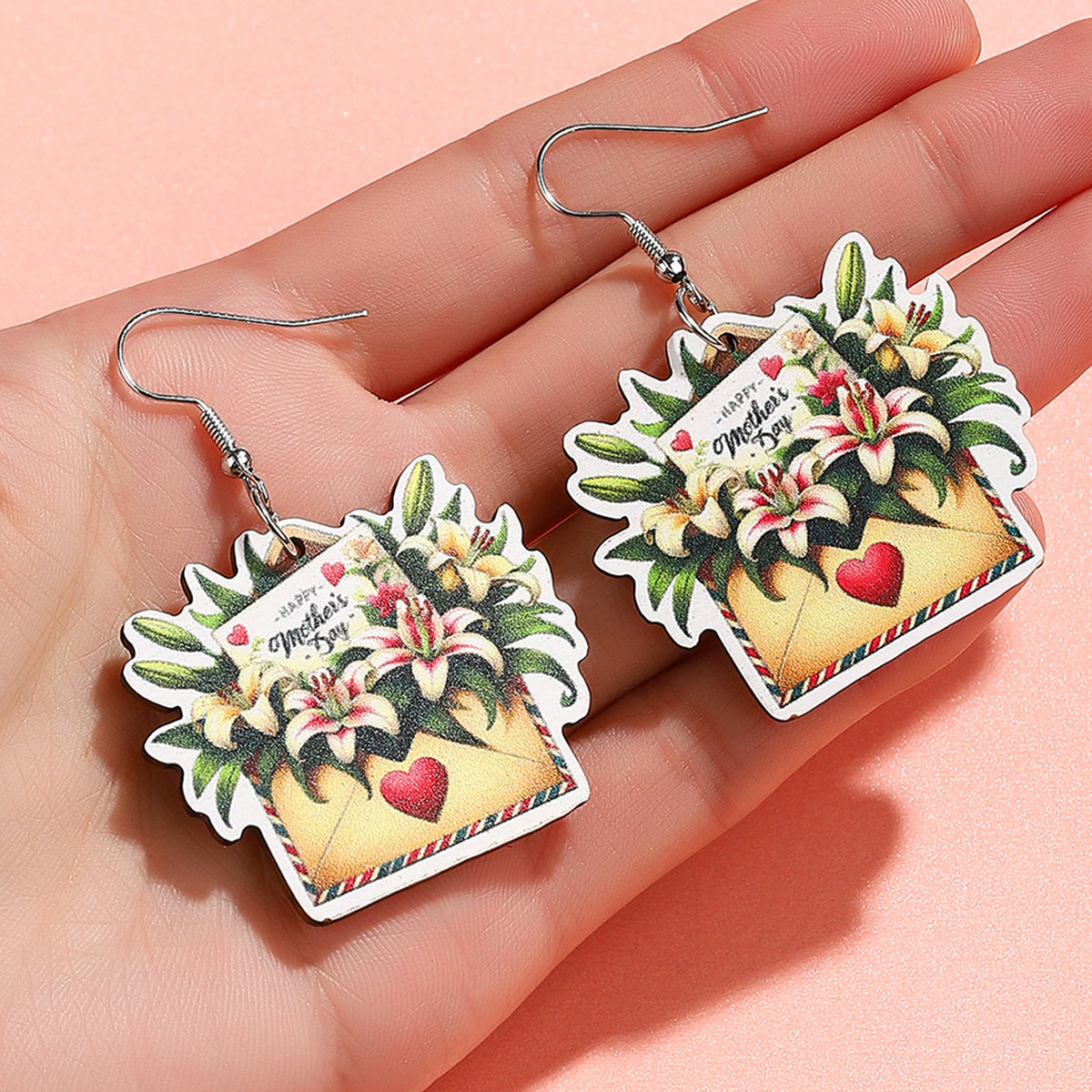Wholesale  Mother's Day Wooden Earrings Cartoon Envelope Flower Love Earrings
