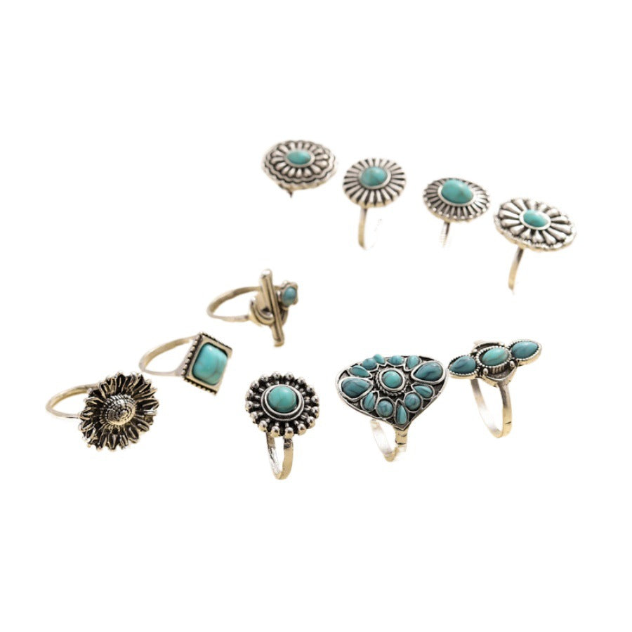 Wholesale retro exaggerated geometric flowers turquoise water drop rings