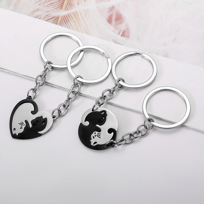 Wholesale Black and White Love Cat Stainless Steel Keychains ACC-KC-JinZhu019