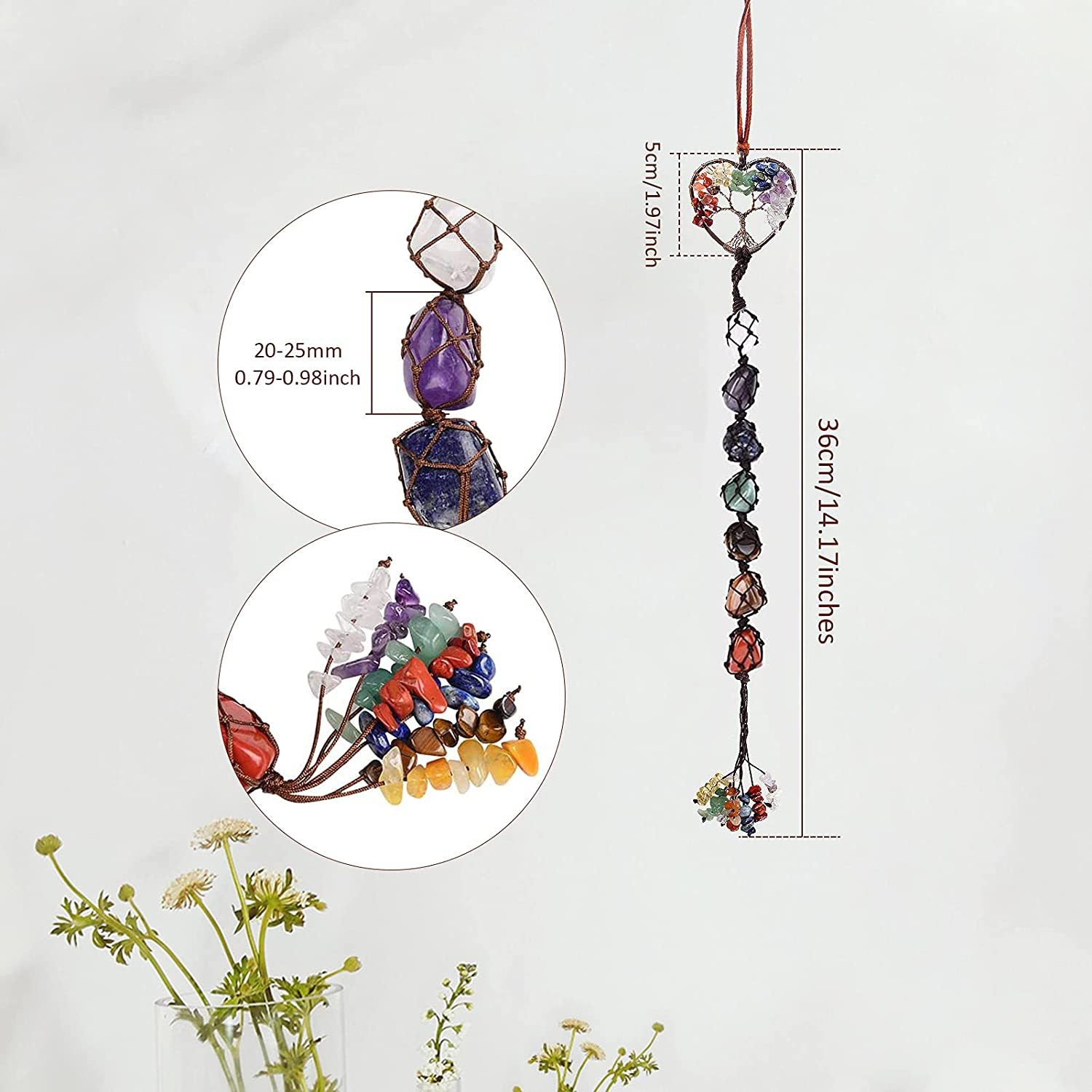 Wholesale Colored Stone Seven-color Crystal Raw Stone Hand-woven Pendant Natural Stone Tree of Life Dream Catcher Car Accessories ACC-CA-XingYue001