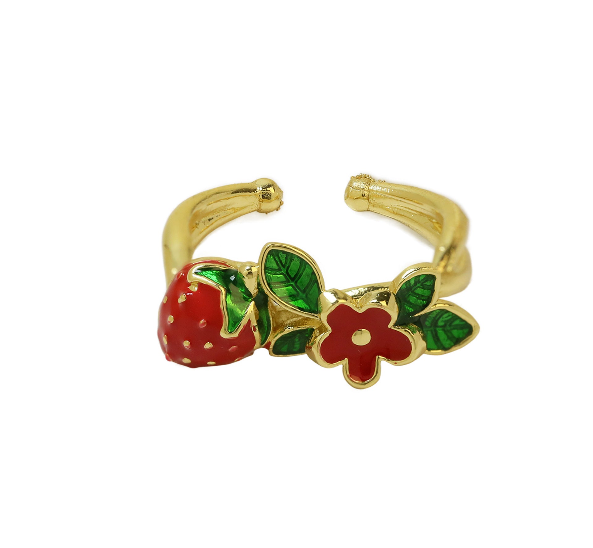 Wholesale 18k Brass Oil Dropping Color Preservation Fruit Series Red Cherry Strawberry Ring