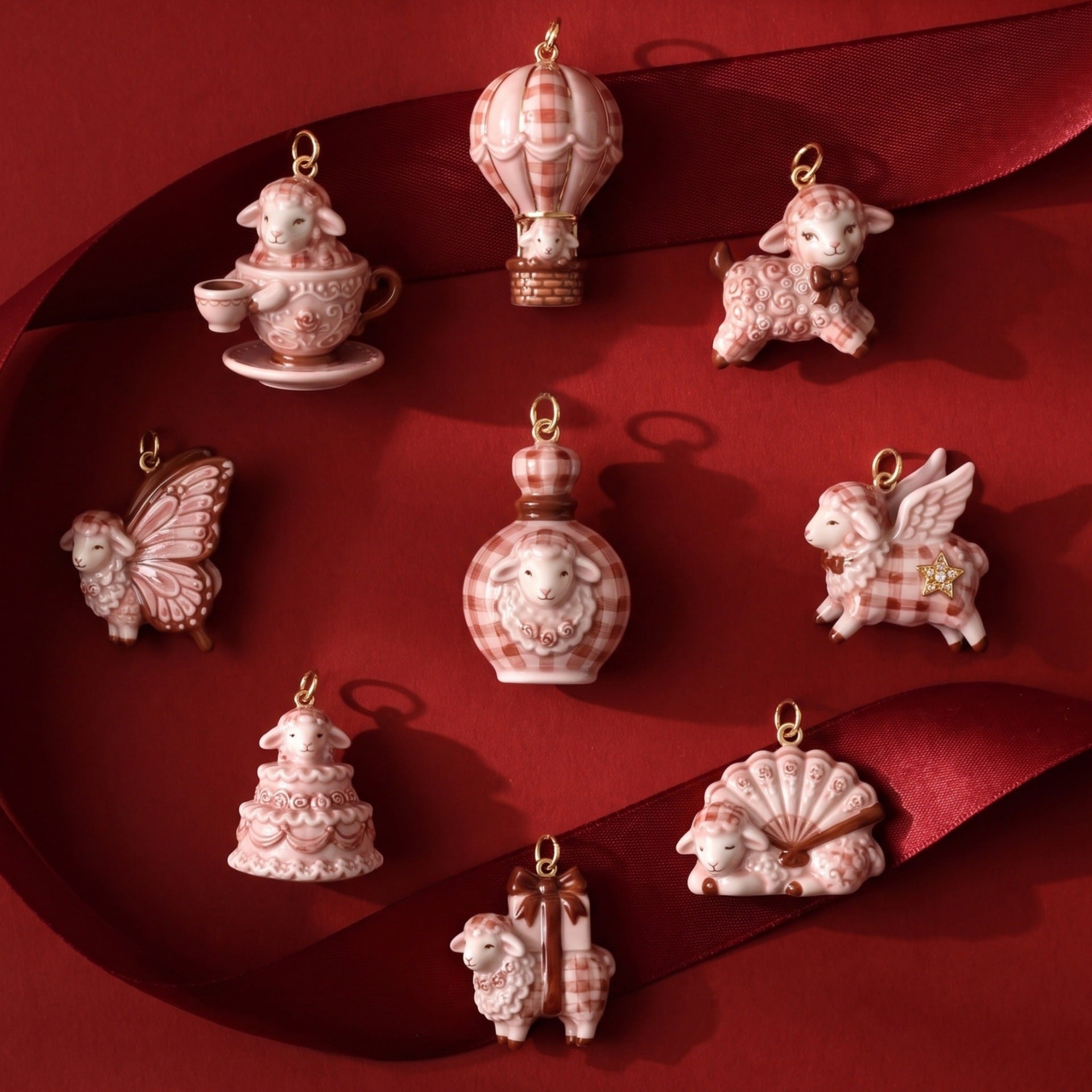 Wholesale Lolita pink checkered sheep enamel pendant,  hot air balloon teacup,  sheep DIY bracelet,  necklace,  earrings,  jewelry accessories