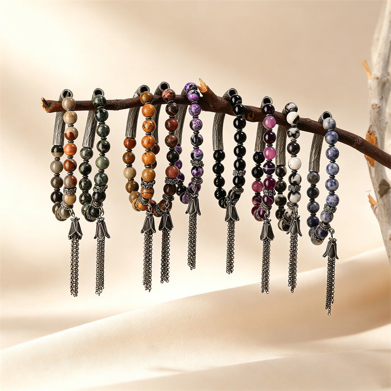 Wholesale New Chinese Style Gun Black Stone Bead Bracelet With Tassel Unisex Retro Wedding Gift Jewelry Accessory