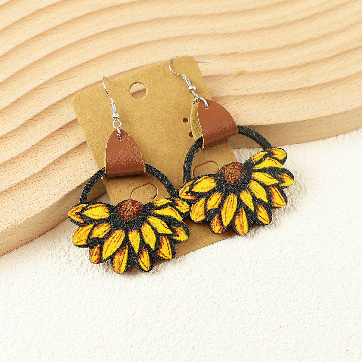 Wholesale Sports Sunflower Flower Baseball Bow Leather Wooden  Earrings