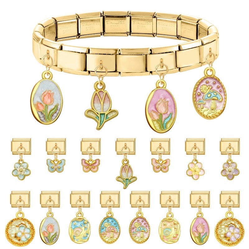 Wholesale Blue Hollow Flower Tulip DIY Bracelet,  Stainless Steel Electroplated Jewelry Accessory for Everyday Wear