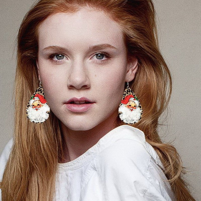 Wholesale Wood Pink Water Drops Leopard Print Santa Book Christmas Tree Earrings