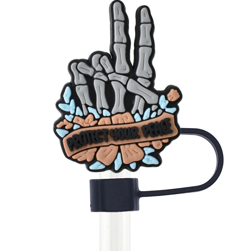 Wholesale Random 100pcs Halloween Skull 10mm PVC Soft Straw Tube Cap ACC-SCR-RYY075