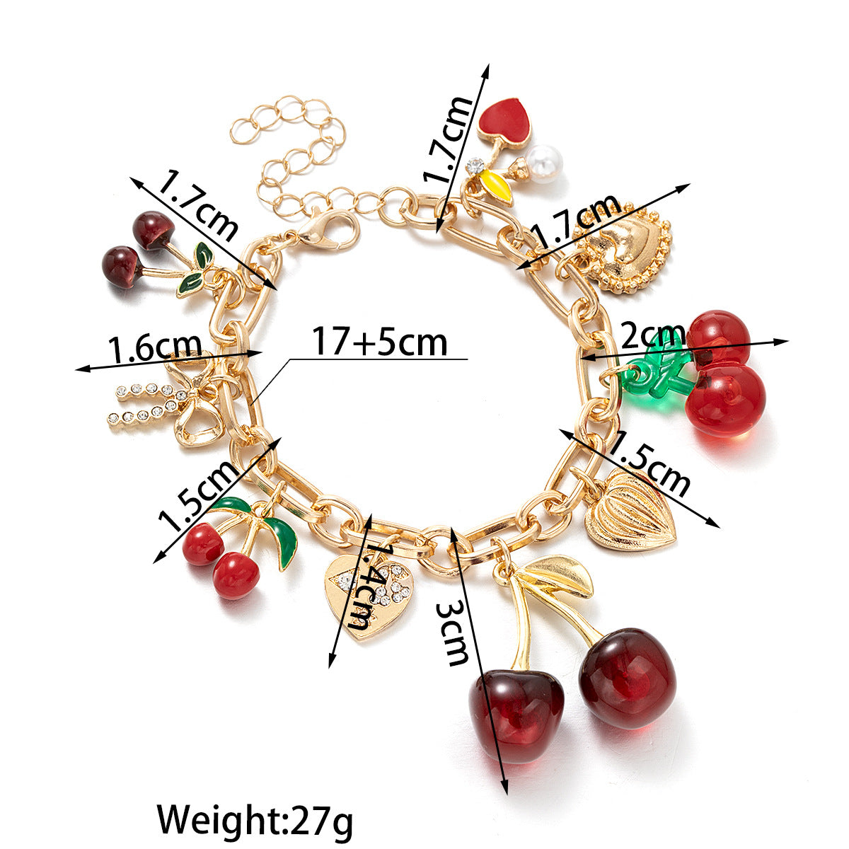 Wholesale Cherry Alloy Heart Bow Pendant Adjustable Bracelet