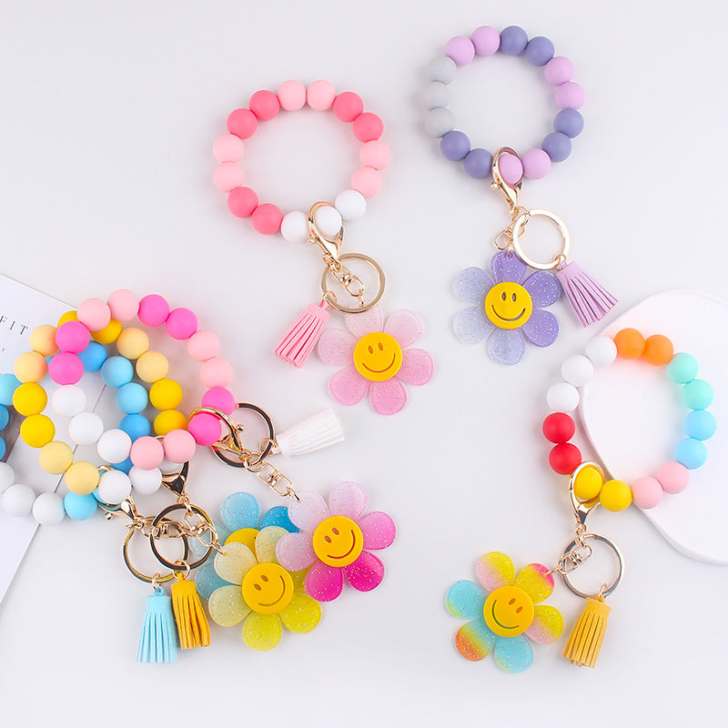 Wholesale Creative DIY Acrylic Smiley Sunflowerl Silicone Bead Bracelet Keychains