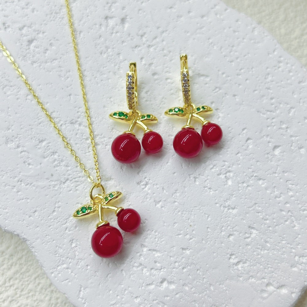 Wholesale Fruit Red Cherry Strawberry Necklace Earrings Jewelry Set