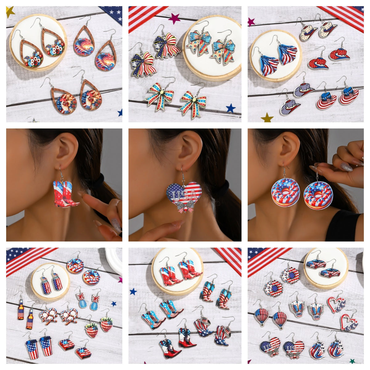 Wholesale  US Independence Day Element Wooden Water Drop Earrings