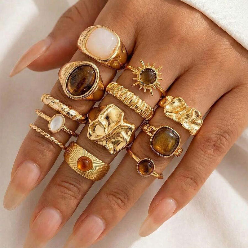 Wholesale Trendy Bohemian Geometric 6 Piece Stackable Ring Set Gold Plated Zinc Alloy Fashion Accessory